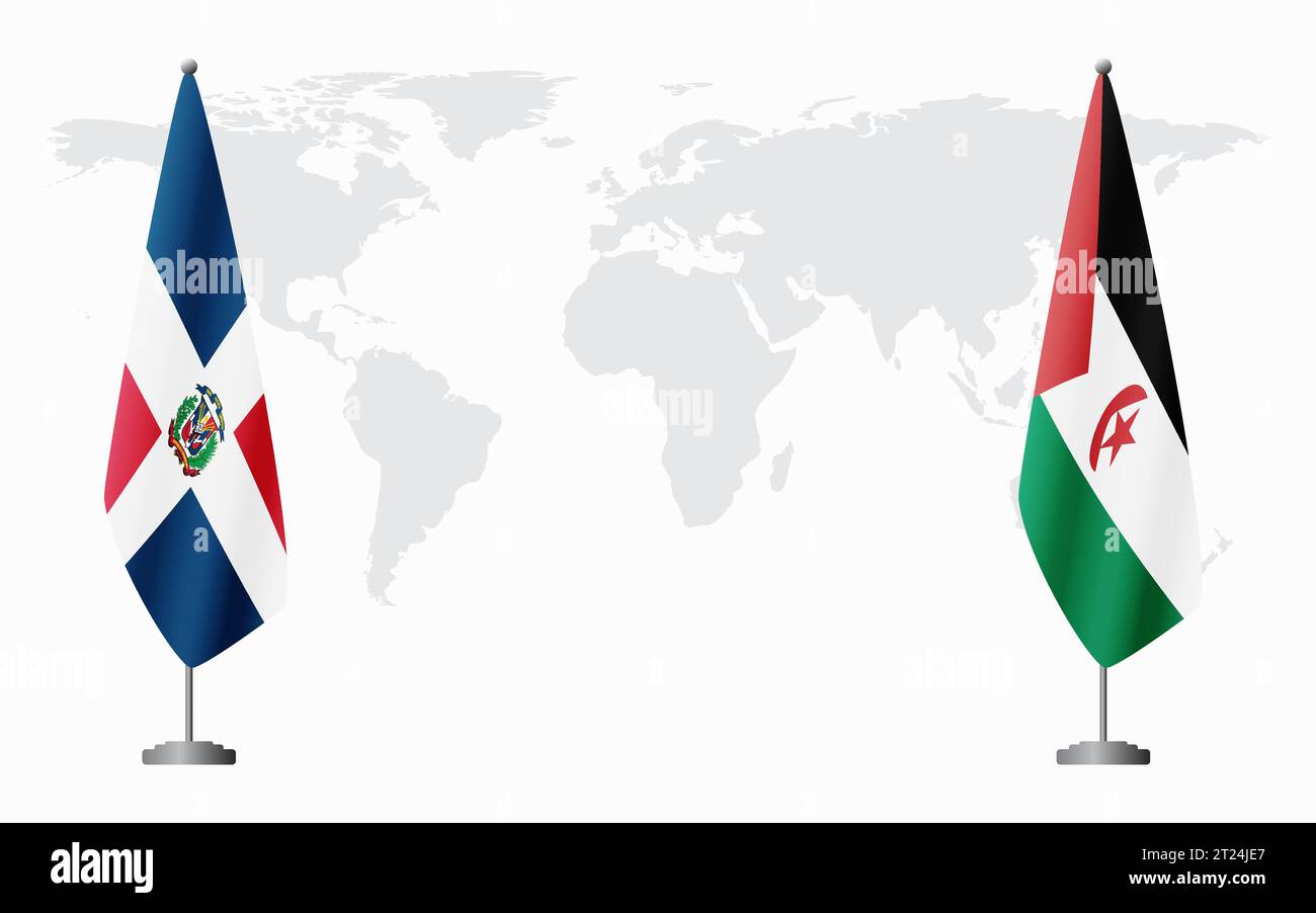 Die Dominikanische Republik und die Sahrawi Arabische Demokratische Republik Flaggen für offizielle Treffen vor dem Hintergrund der Weltkarte. Stock Vektor