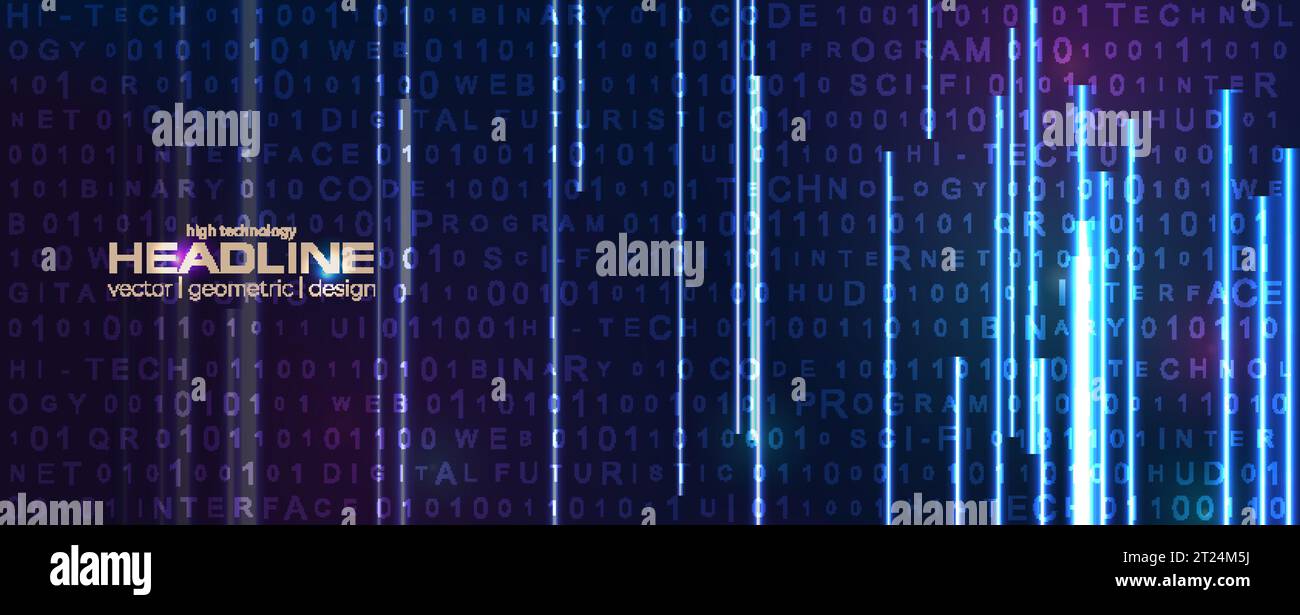 Abstrakter Neonhintergrund mit Binärcode-Zahlen, Buchstaben und leuchtenden Laserlinien der futuristischen Technologie. Dunkelblauer und ultravioletter Hintergrund. Konzept Stock Vektor