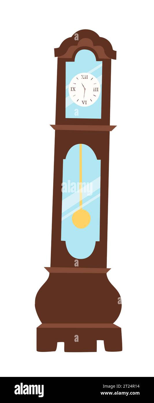 Antike Großvateruhr mit einer Pendelvektor-Illustration in einem flachen Stil. Symbol für Design und Anwendungen. Vektoruhr isoliert auf einem weißen Rücken Stock Vektor