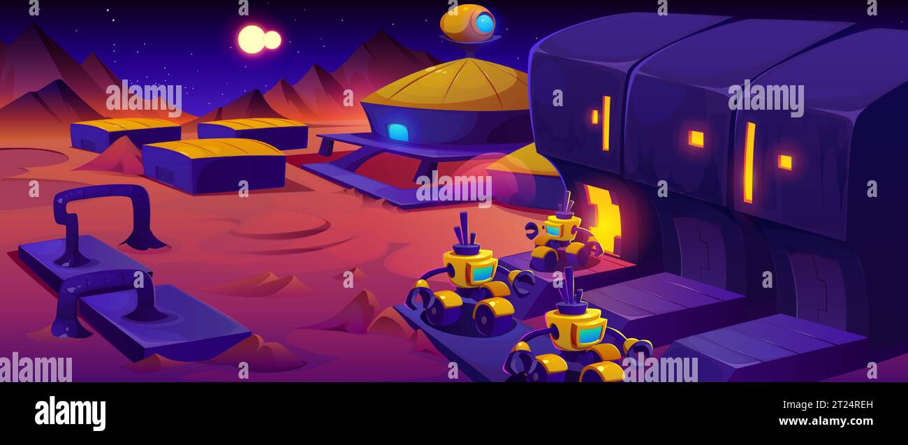 Mars Alien Space Station Cartoon Vektor Hintergrund. Futuristisches Basisgebäude und mars-rover-Roboter. Geheime internationale Explorationsmission zur Kolonialisierung. Unbekannter Fantasy-Comic-Bunker Stock Vektor