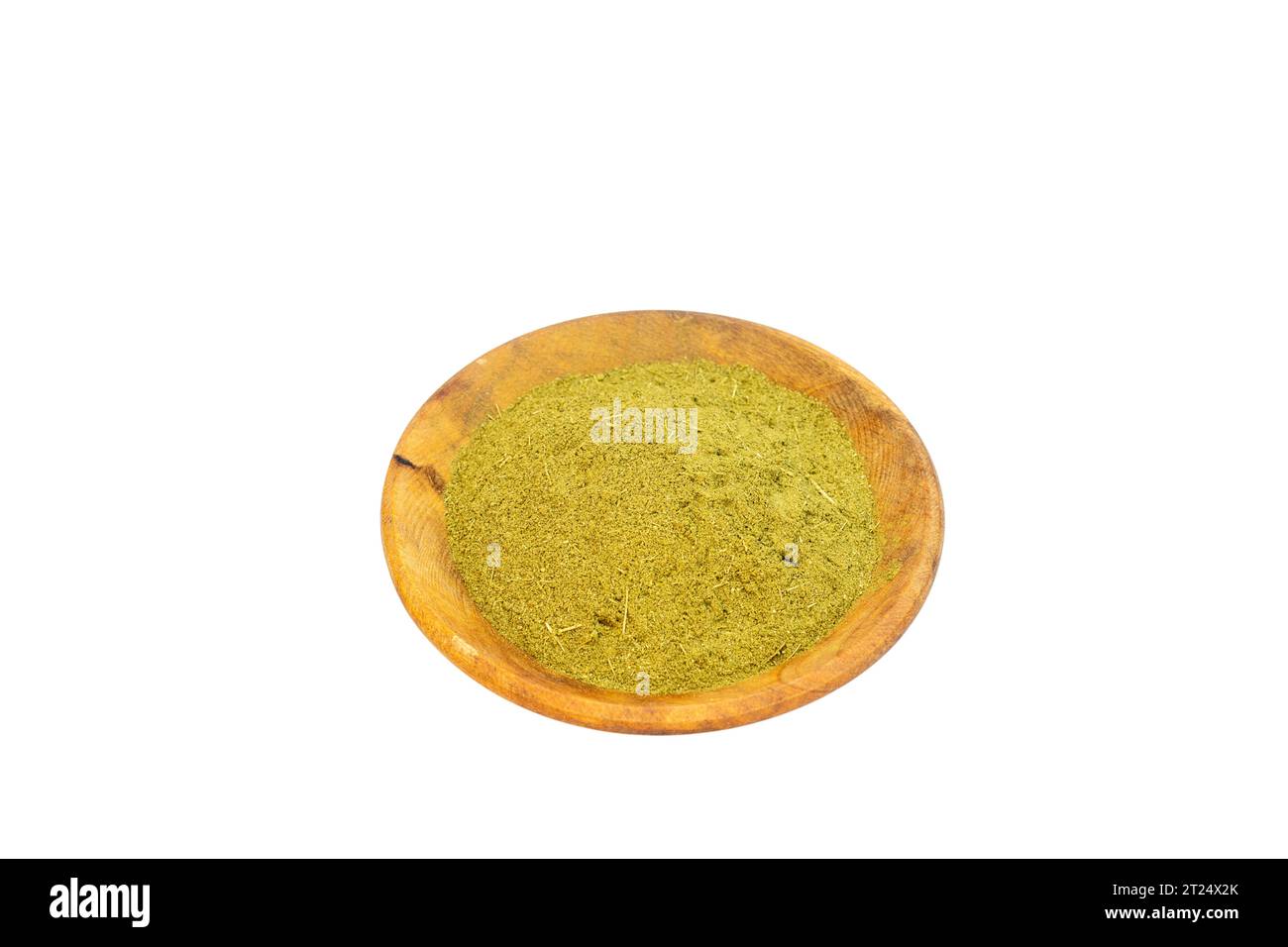 Moringa Super Food Tree hinterlässt Pulver in einer Schüssel, isoliert auf weißem Hintergrund Stockfoto