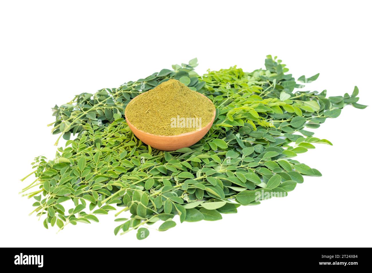 Haufen frischer Moringa-Blätter mit Pulver auf weißem Hintergrund Stockfoto