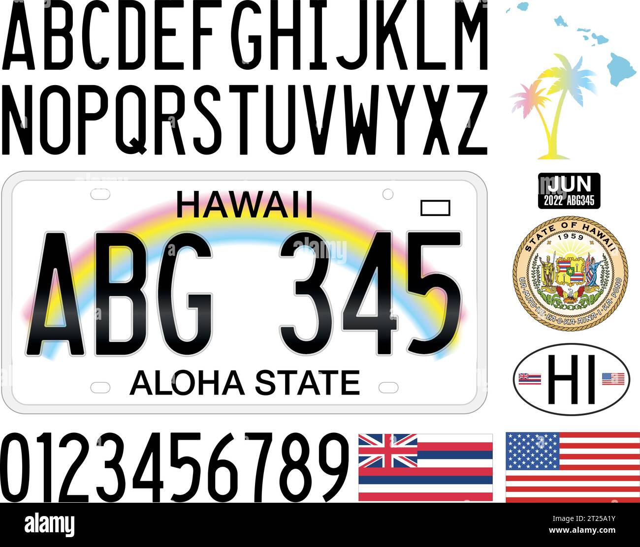 Hawaii US State Car-Kennzeichen, Buchstaben, Zahlen und Symbole, Vektorillustration, USA Stock Vektor