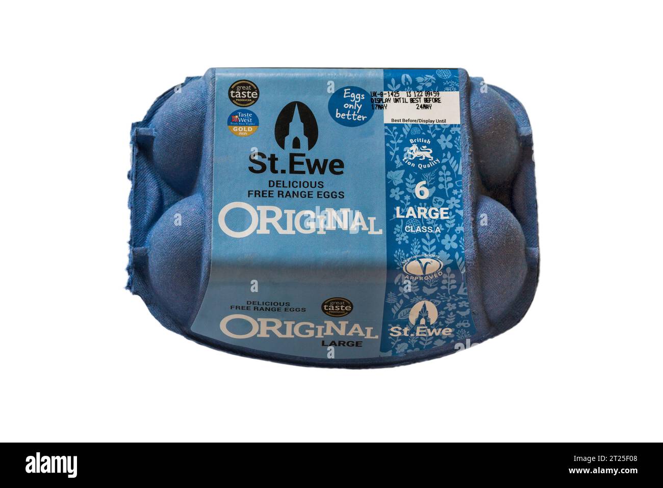 St. Ewe köstliche Freilandeier Original 6 große Klasse A isoliert auf weißem Hintergrund - Eierdose verschlossen Egbox Stockfoto