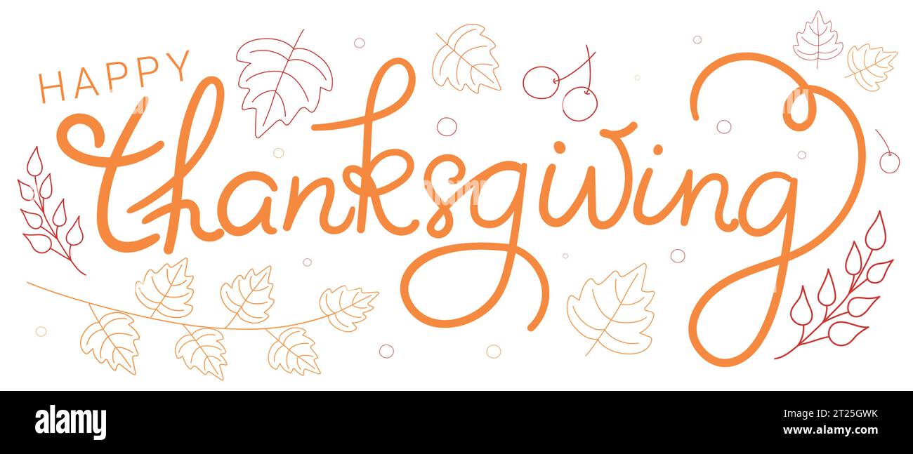 Happy Thanksgiving Day Banner mit Kalligrafietext und handgezeichneten Herbstblättern und Beeren auf weißem Hintergrund. Vektorabbildung Stock Vektor