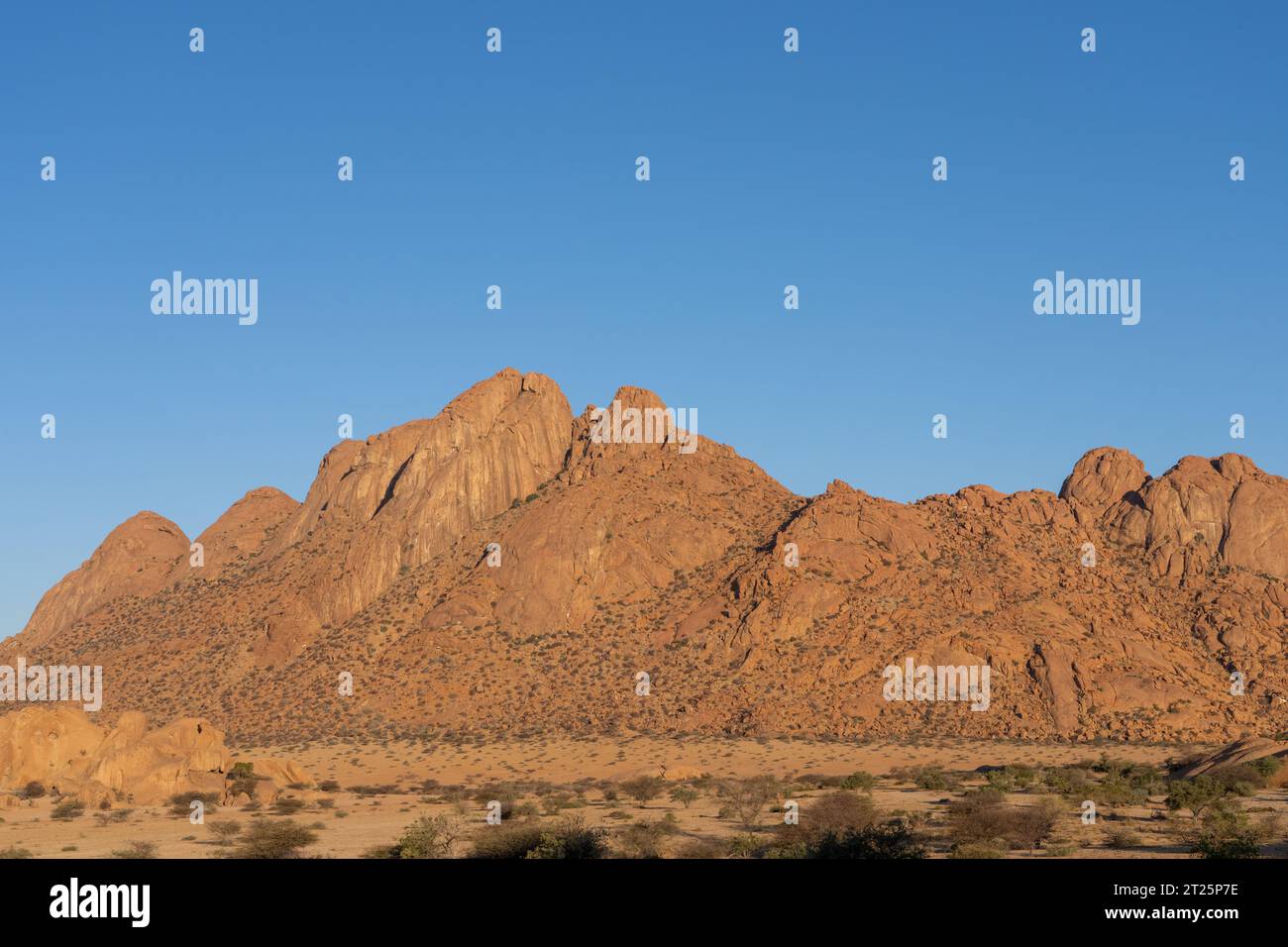 Die Spitzkoppe (auch „Spitzkop“ oder „Matterhorn von Namibia“ genannt) ist eine Gruppe von glatten Granitgipfeln, die sich zwischen Usakos an befinden Stockfoto