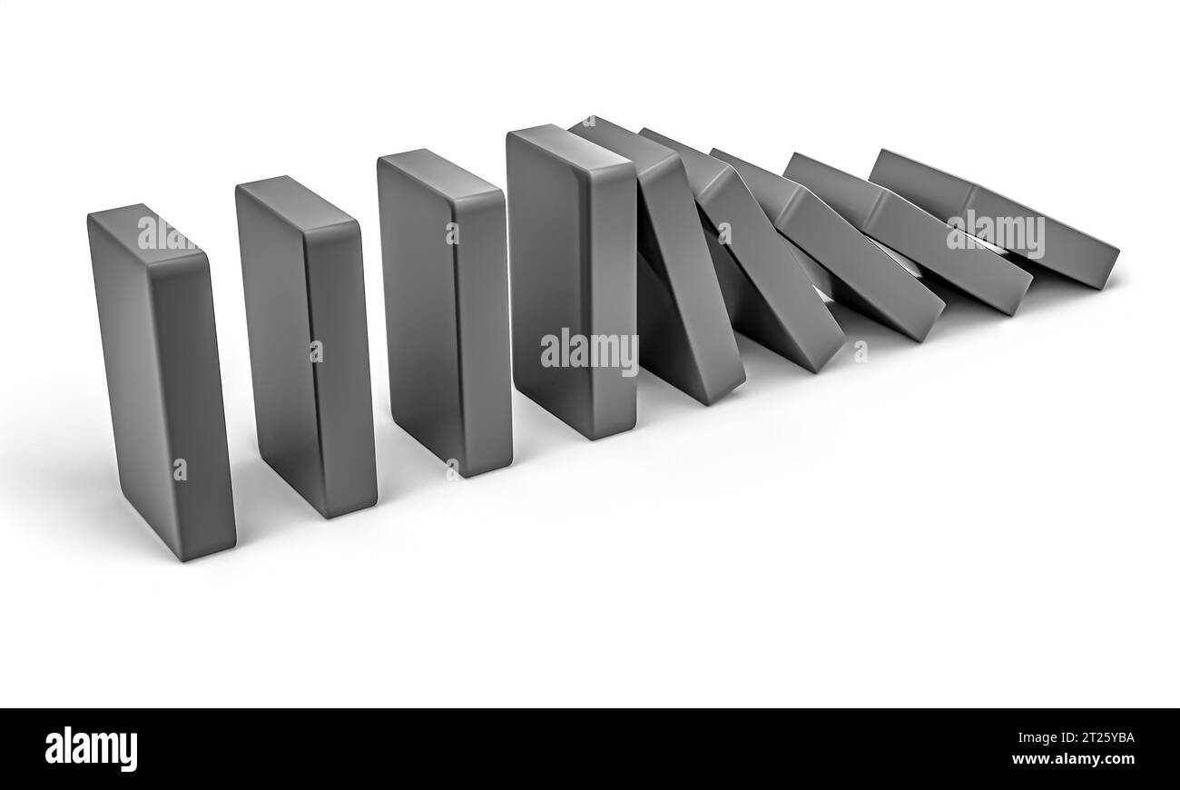 Domino-Effekt-Konzept. Fallende Blöcke, die Risiken, Strategien und geschäftliche Herausforderungen symbolisieren. Illustration für Themen des Geschäfts- und Risikomanagements. Stockfoto