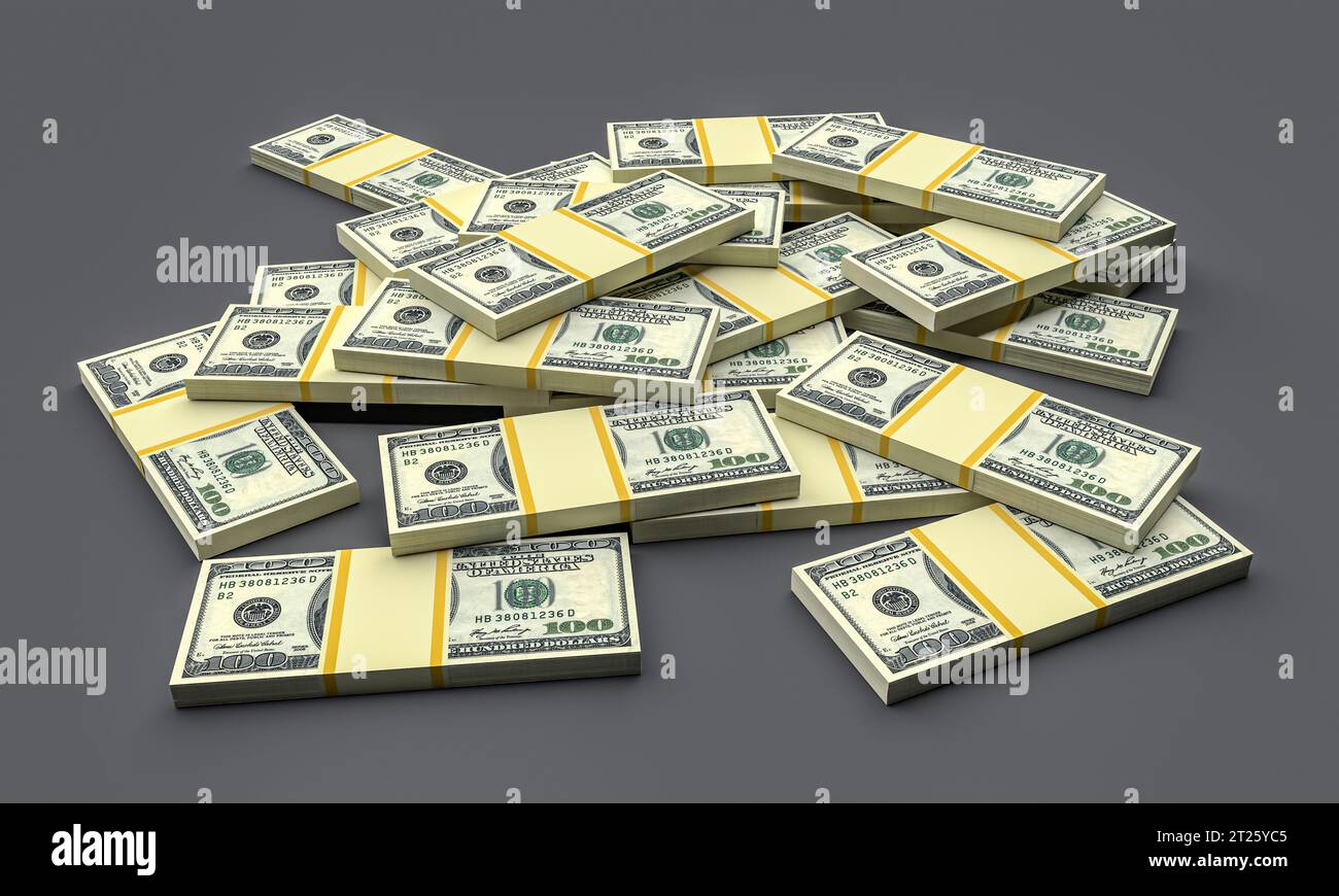 Geld stapelt sich von Dollar, isoliert auf Grau. Dollarfinanzierung konzeptionell Stockfoto