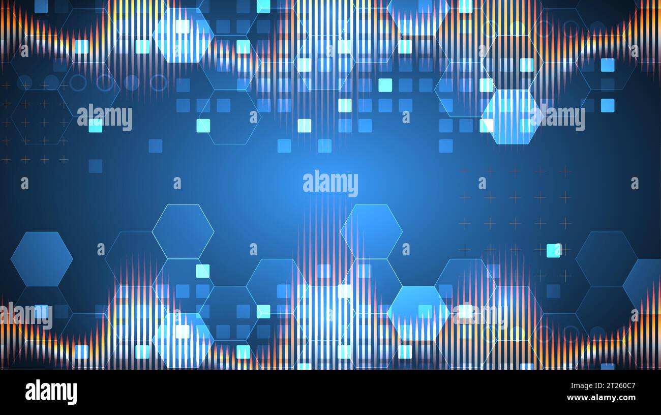 Schallwelle mit glühenden Hexagonen. Hintergrundbild für dynamische Vibrationen. Abbildung des Vektors der Frequenzpulsmodulation. Stock Vektor