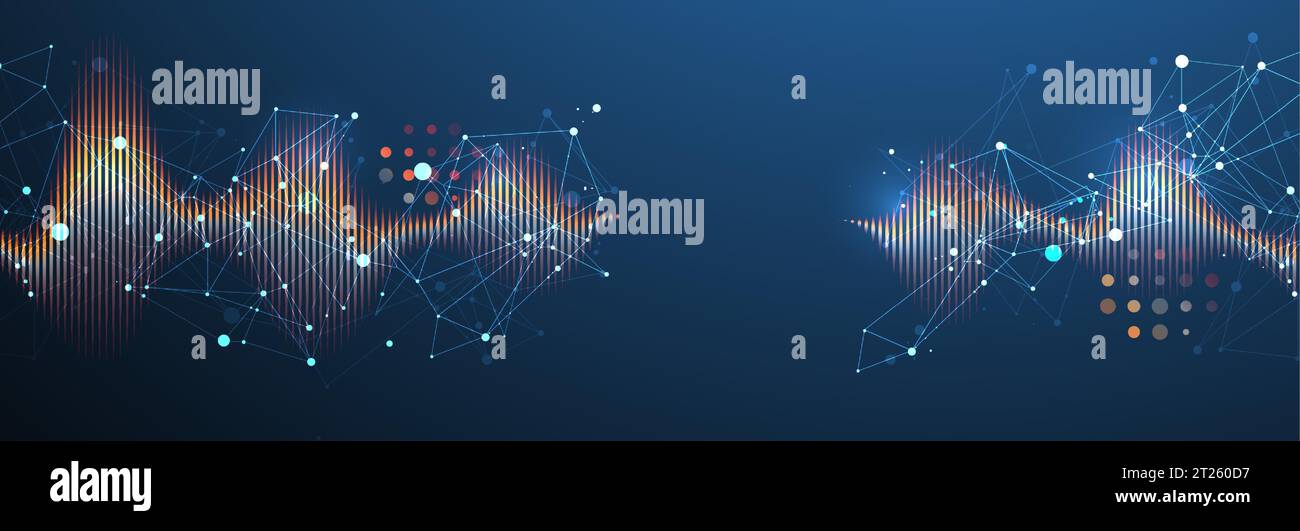 Schallwelle mit Plexus-Effekt. Hintergrundbild für dynamische Vibrationen. Abbildung des Vektors der Frequenzpulsmodulation. Stock Vektor