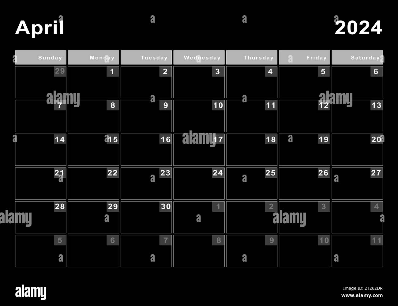 April 2024-Kalender, Wochenbeginn Sonntag, modernes Design Stockfoto