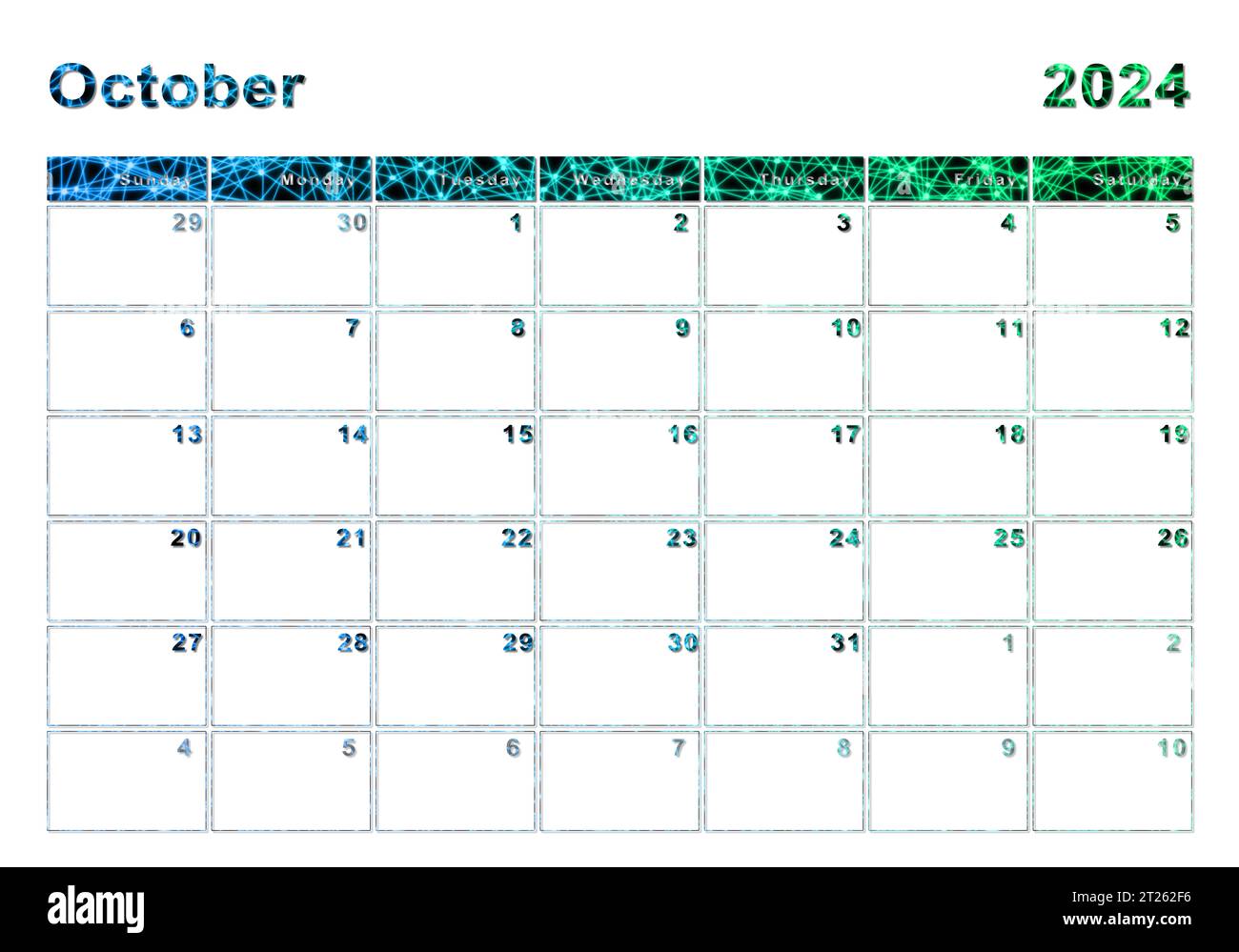 Oktober 2024 Kalender, Wochenbeginn Sonntag, modernes Design Stockfoto