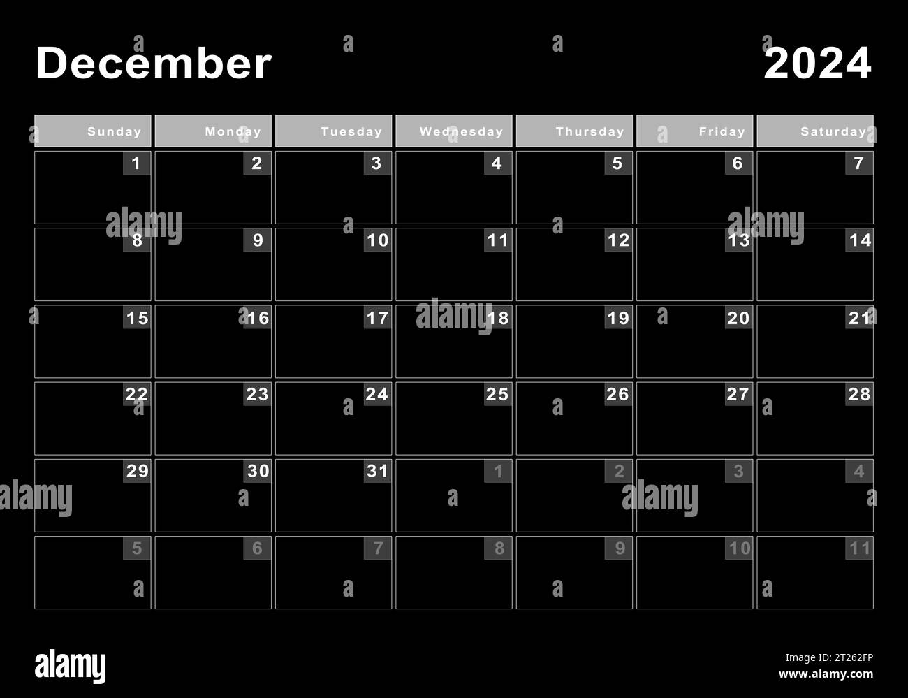 Dezember 2024 Kalender, Wochenbeginn Sonntag, modernes Design Stockfoto