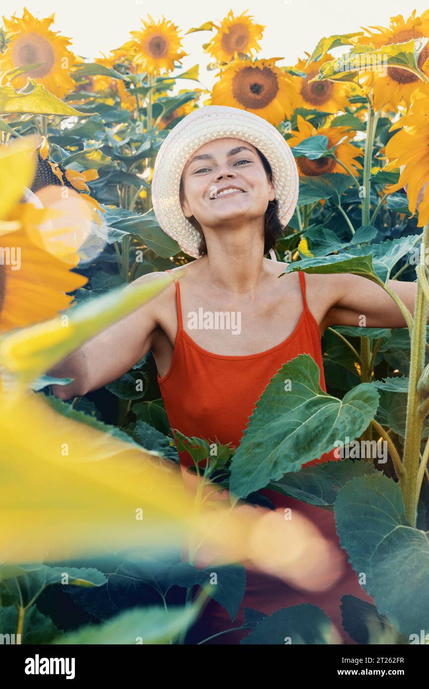 Schöne Frau in Sonnenblumen, Porträt einer Frau mit Strohhut, die bei Sonnenuntergang durch ein blühendes Sonnenblumenfeld geht. Frieden, Freiheit und ich Stockfoto