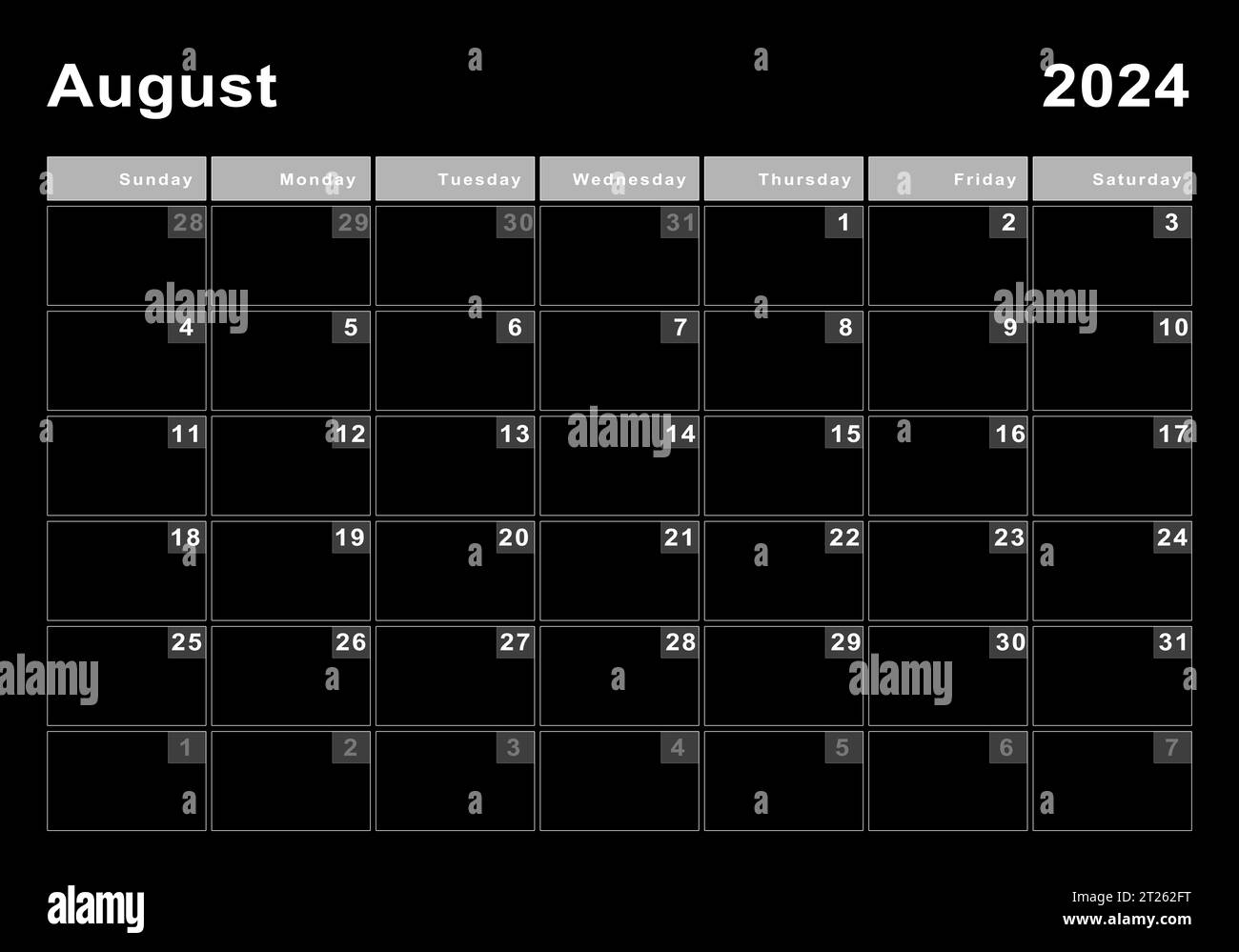 August 2024-Kalender, Wochenbeginn Sonntag, modernes Design Stockfoto
