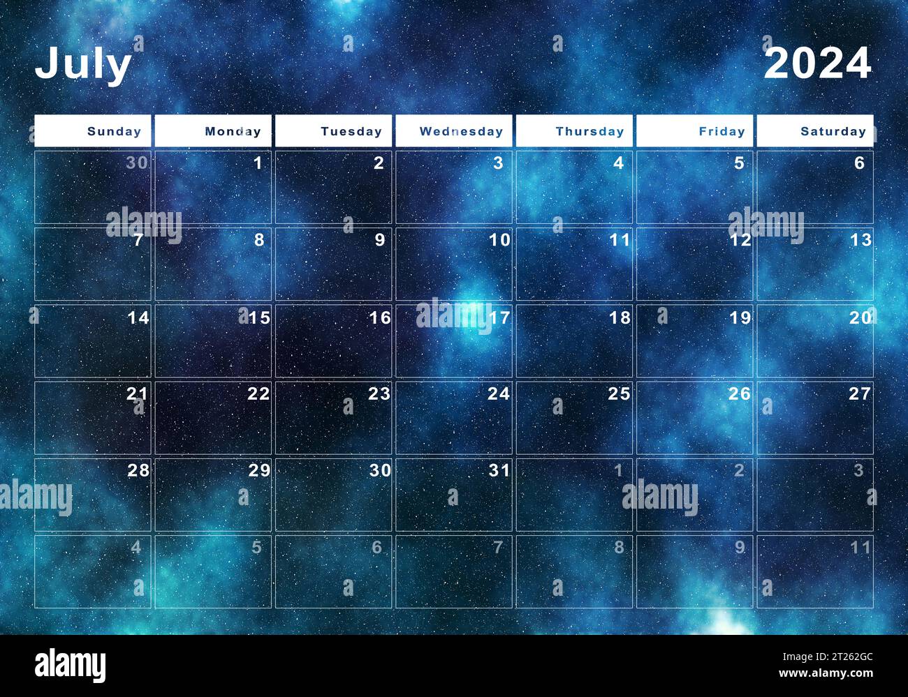 Juli 2024-Kalender, Wochenbeginn Sonntag, modernes Design Stockfoto