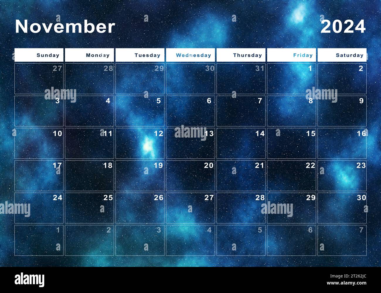 November 2024 Kalender, Wochenbeginn Sonntag, modernes Design Stockfoto
