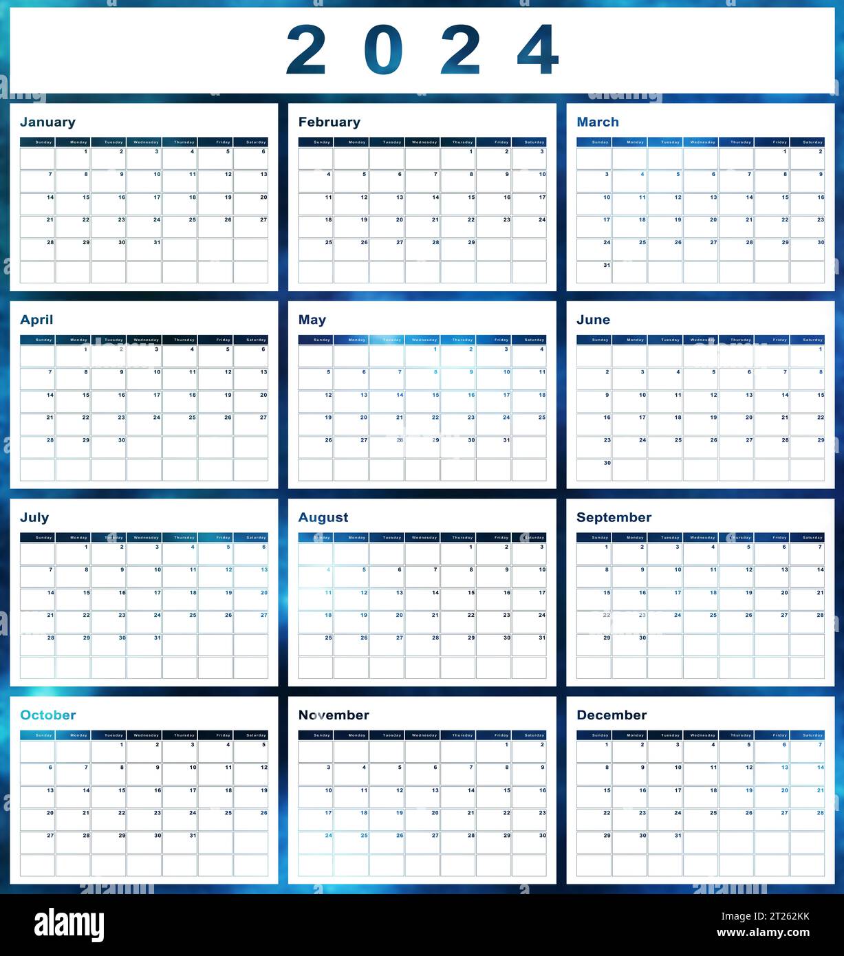Kalender 2024, Wochenbeginn Sonntag, modernes Design Stockfoto