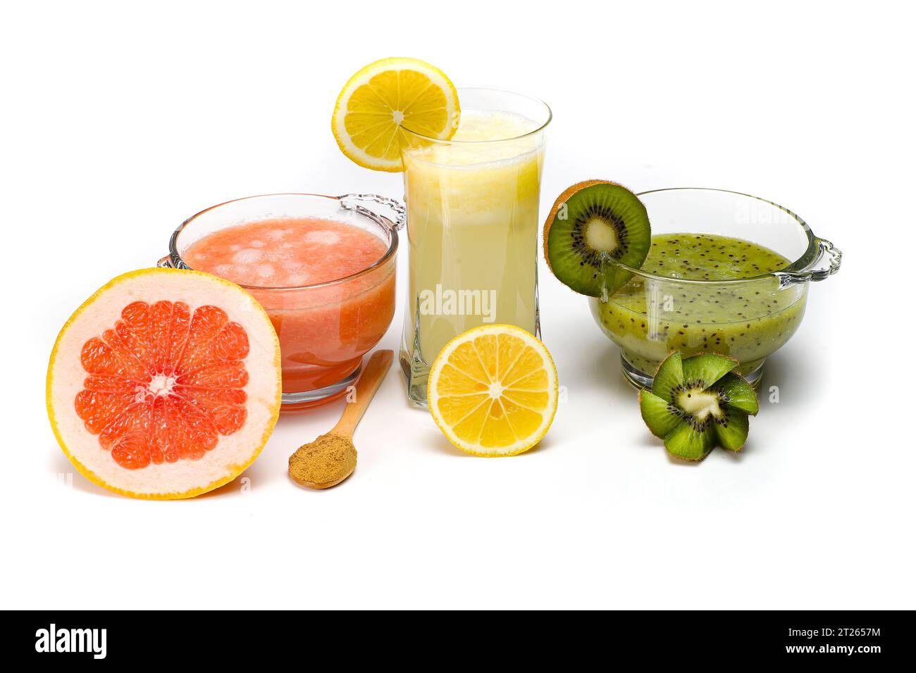 Frische Biosäfte aus Kiwi, Zitrone und Grapefruit Stockfoto