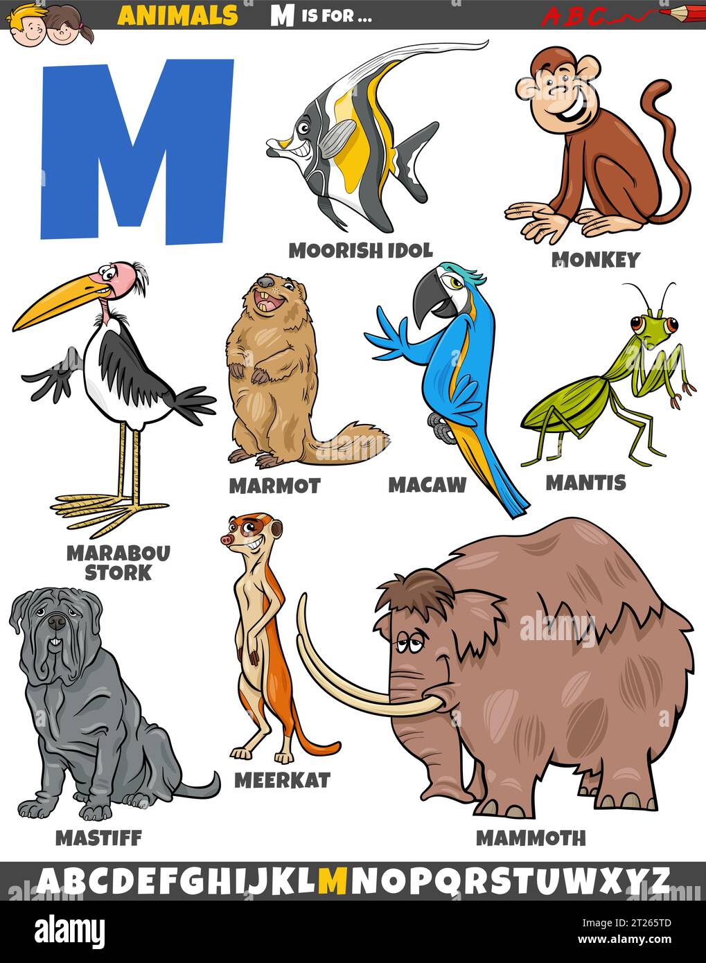 Zeichentrickillustration von Tierfiguren, die für den Buchstaben M gesetzt wurden Stock Vektor