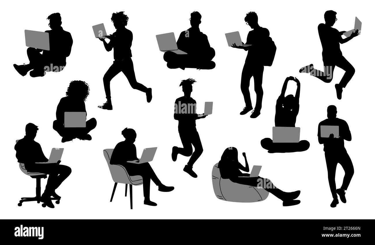 Gruppe von Personen, die Laptopvektorsilhouetten verwenden. Stock Vektor
