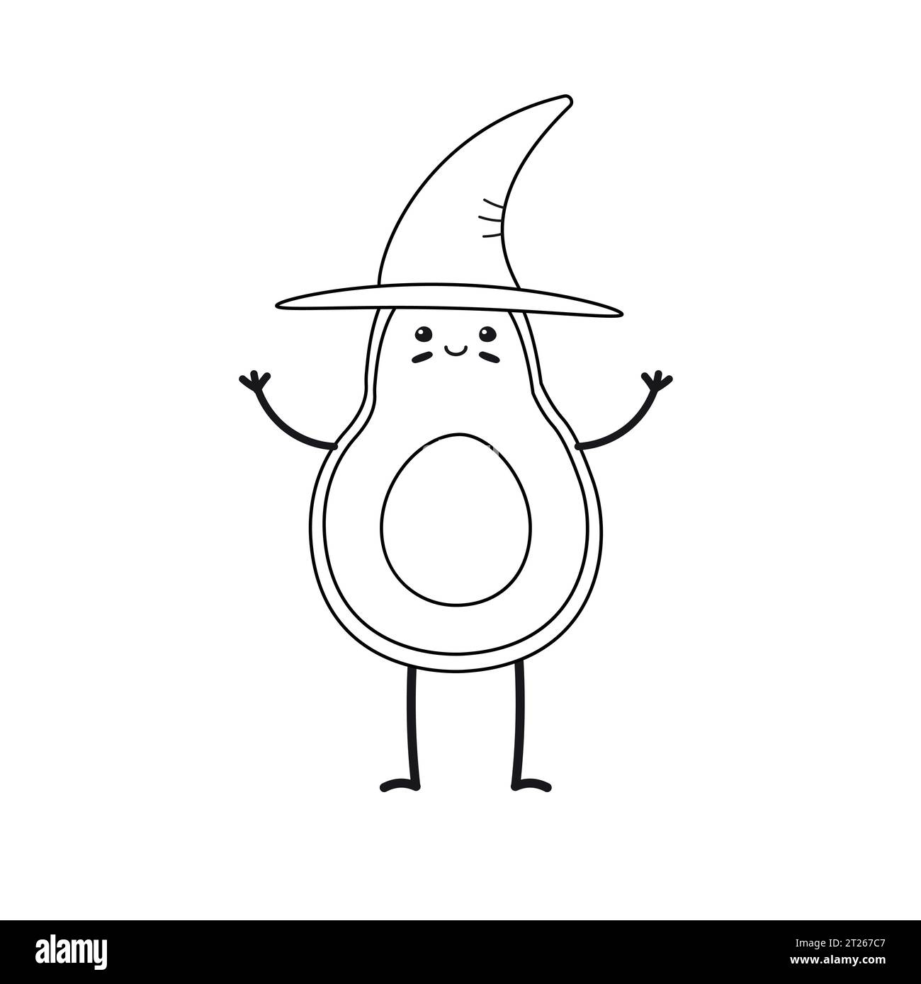 Vektor-Cartoon flache Umrisse Halloween Avocado mit Hexenhut isoliert auf weißem Hintergrund Stock Vektor