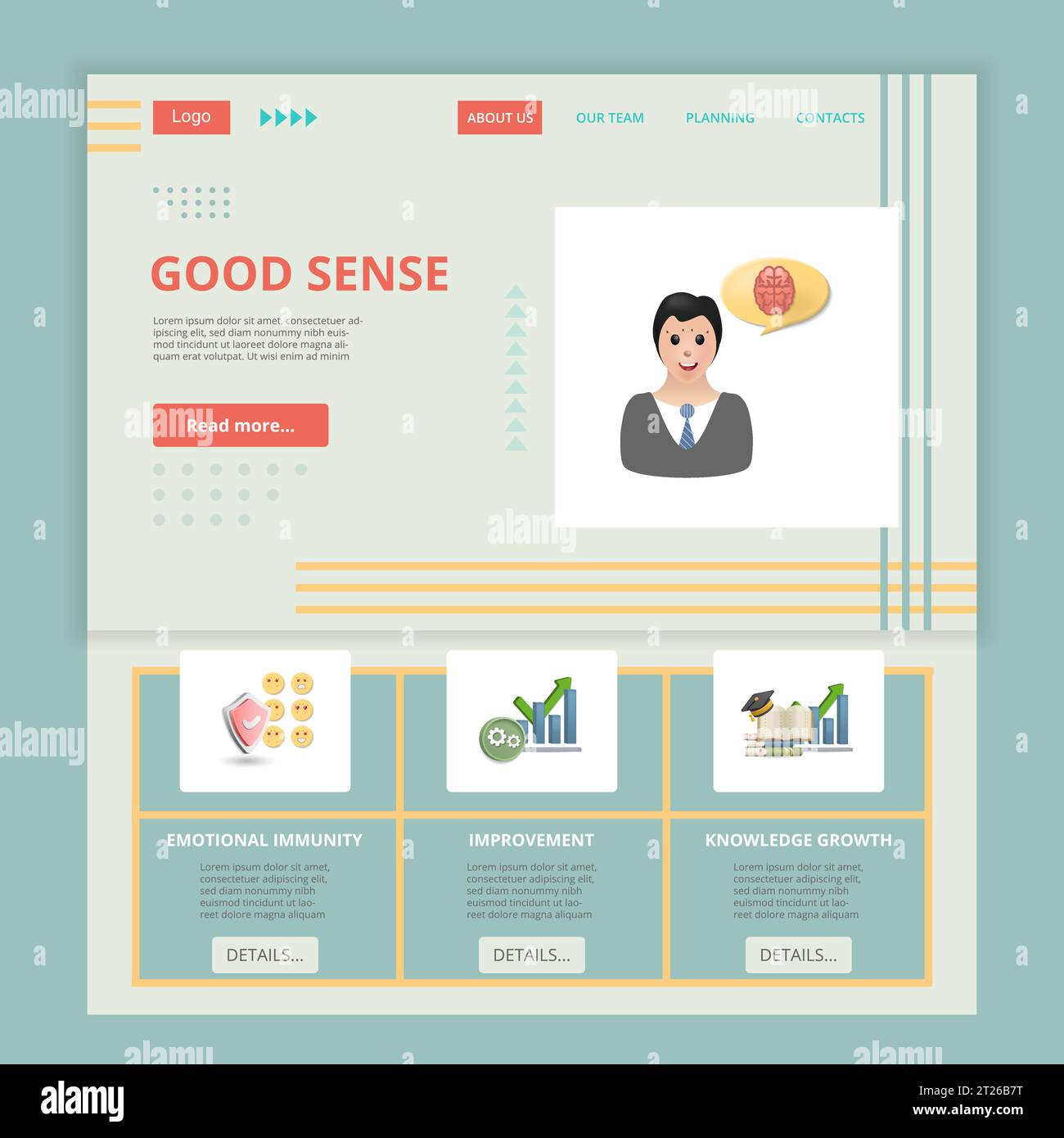 Vorlage für flache Landing-Page-Website von guter Vernunft. Emotionale Immunität, Verbesserung, Wissenswachstum. Webbanner mit Kopf-, Inhalt- und Fußzeile. Vektor Stock Vektor