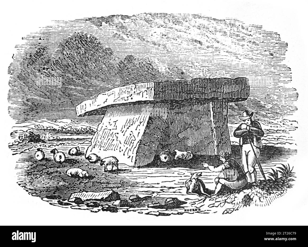 Kit's Coty House, Überreste von zwei megalithischen „Dolmen“ Long barrow Grabkammern in der Nähe von Aylesford, Kent. Black-and-White-Illustration aus dem „Old England“, veröffentlicht von James Sangster im Jahr 1860. Stockfoto