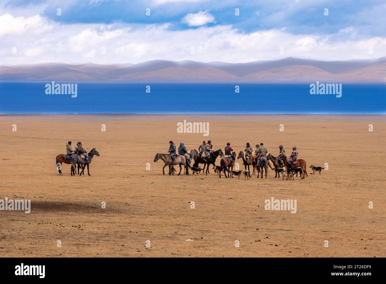 Kok-boru Kirgisistan-Buzkashi Ziegenziehen ist die traditionelle nationale Sportart, in der die Spieler auf den Pferden versuchen, eine Ziege oder ein Kalb zu platzieren Stockfoto