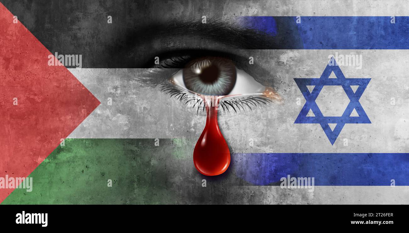 Die palästinensische und israelische Krise als eine Tragödie im Nahen Osten eines Stammeskonflikts als Symbol für die Herausforderungen von Gewalt und territorialen Auseinandersetzungen Stockfoto
