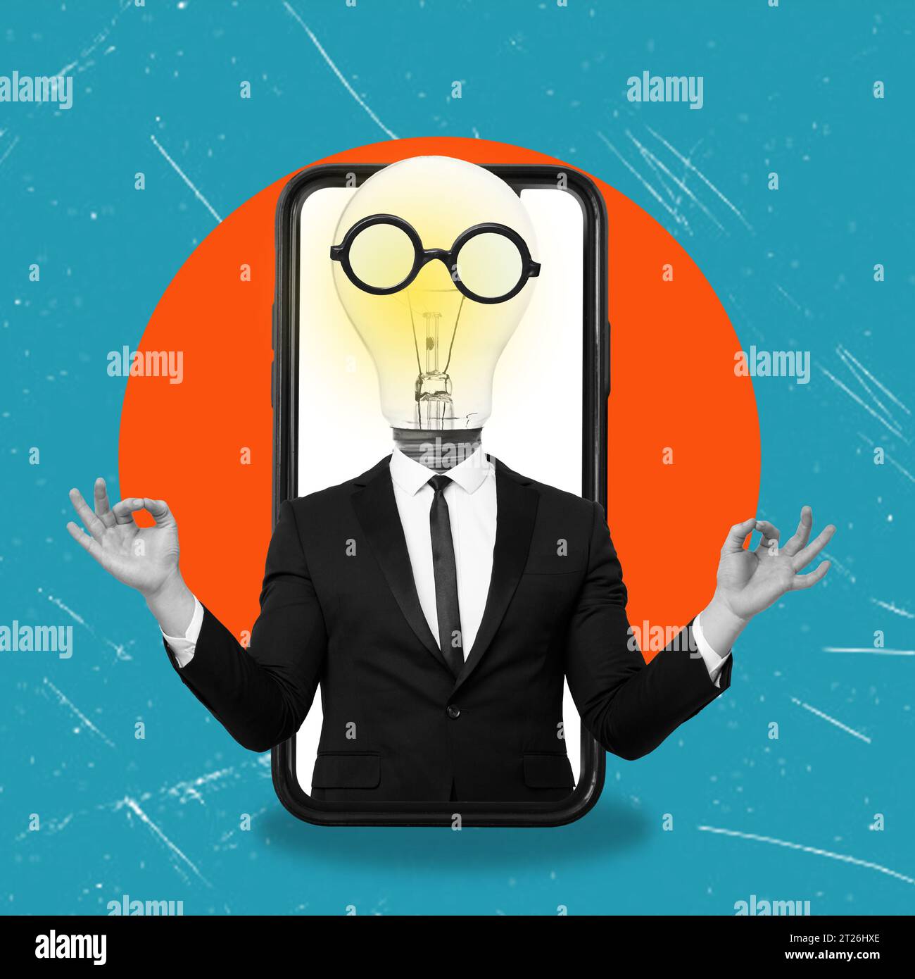 Zeitgenössische Kunstcollage. Konzeptdesign. Mann mit Glühbirnenkopf, vom Telefonbildschirm, im Business-Anzug. Unternehmenskonzept, Karriereentwicklung Stockfoto