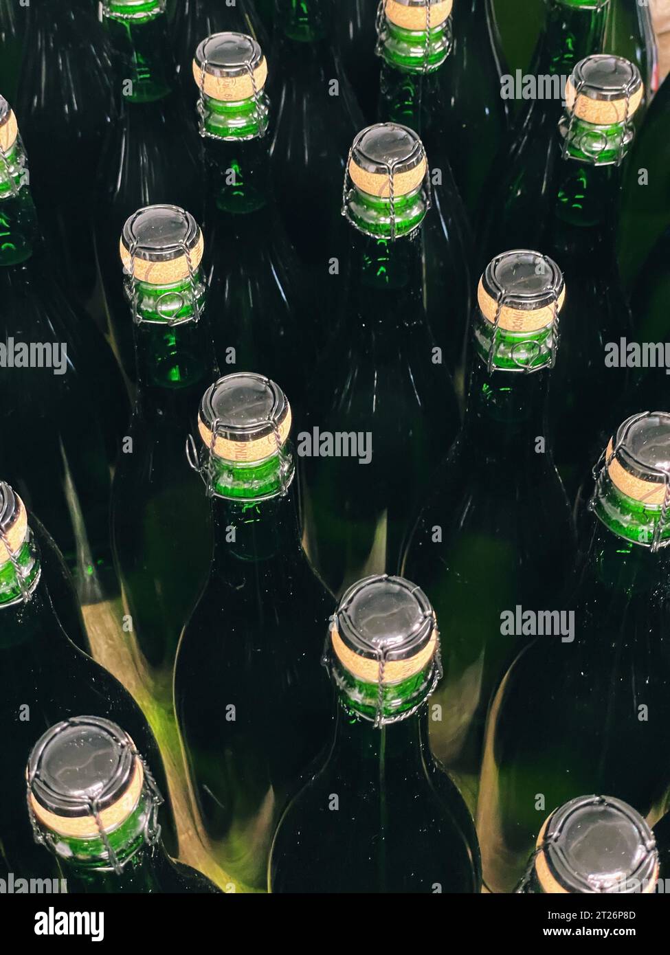 Reihe von Flaschenweinen in einer Destillerie Stockfoto