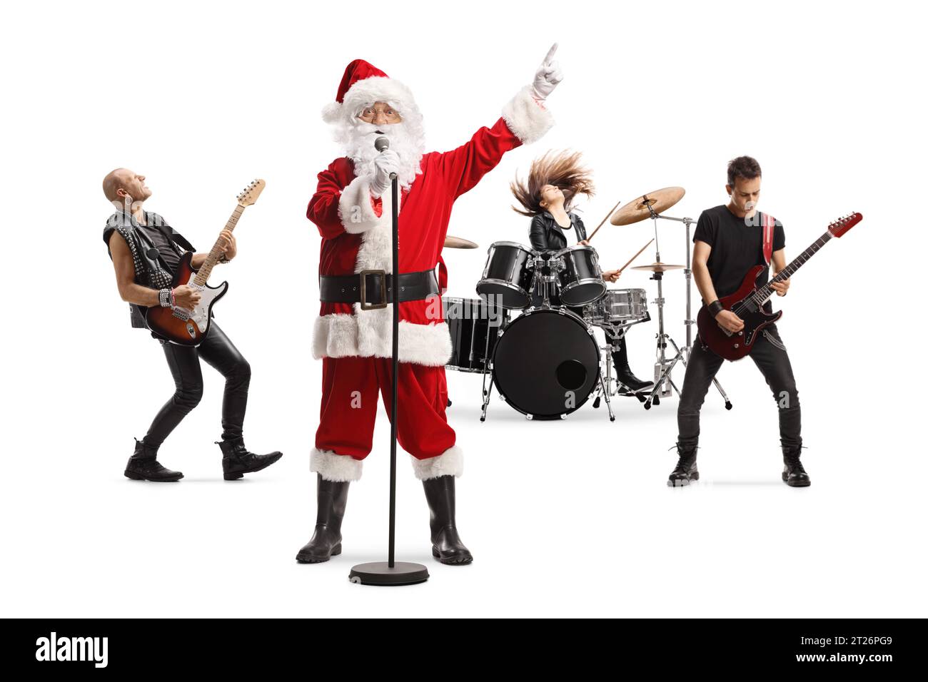 Santa claus trat mit einer Rockband auf weißem Hintergrund auf Stockfoto