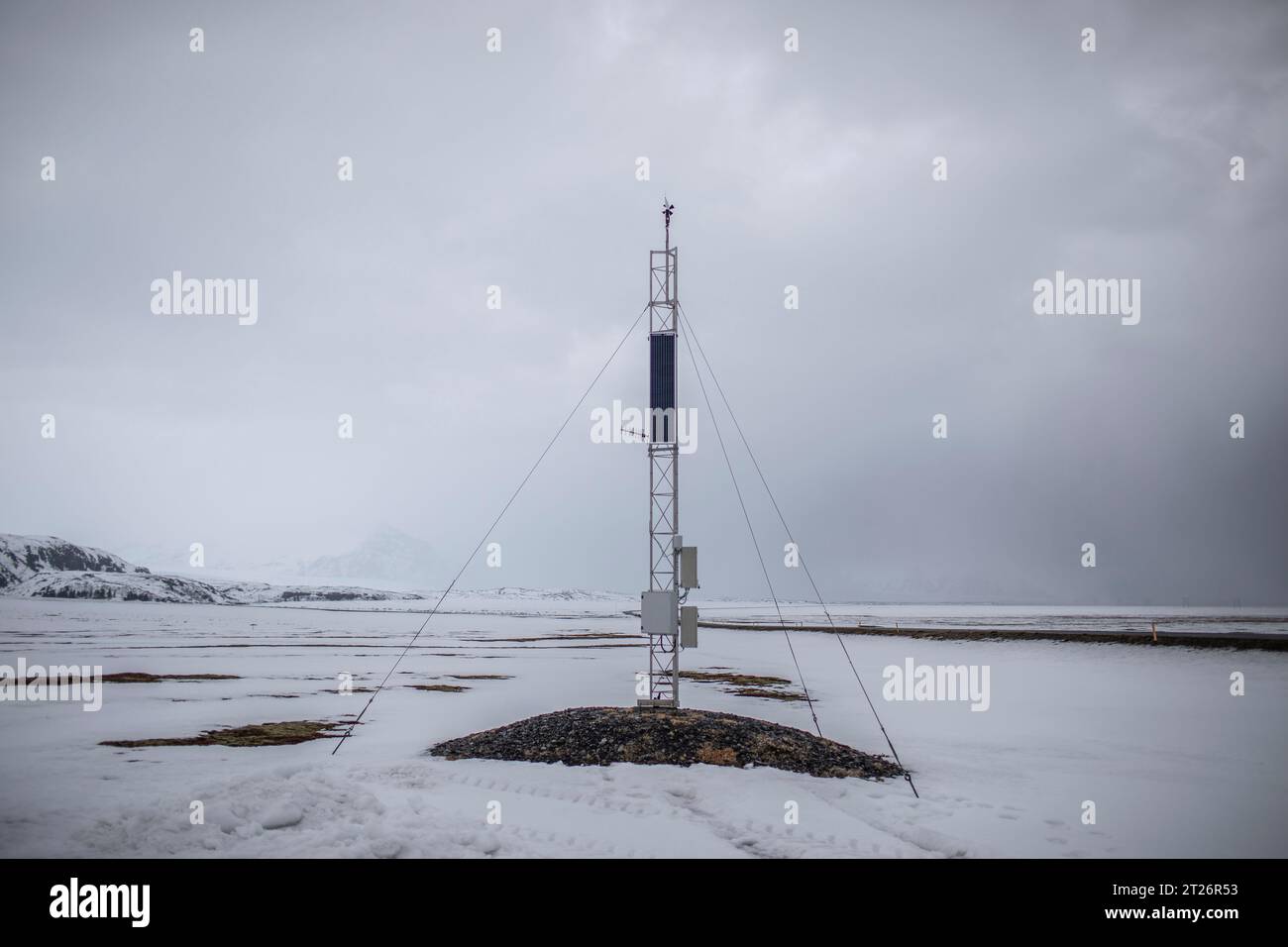 Wetterstation in Kvísker, dem windigsten Ort Islands. Südosten Islands. Stockfoto