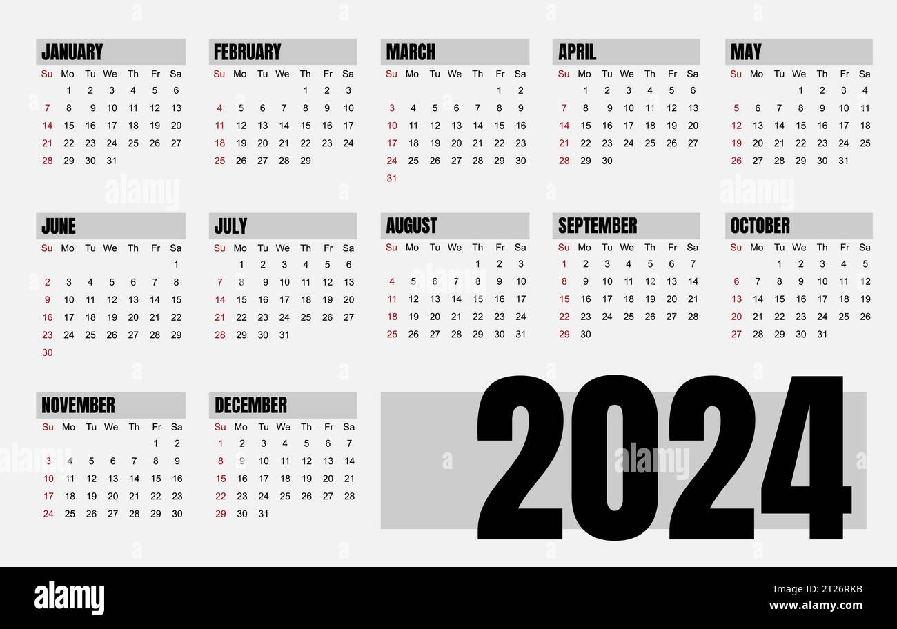 Kalender 2024, für Unternehmen, modern und sauber, schlank, Vektorvorlagen, die Wochen beginnen am montag, ein frohes neues Jahr 2024 Stock Vektor