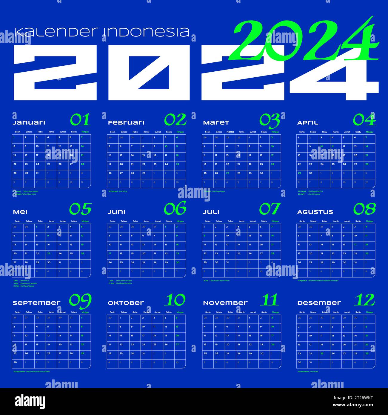 Vorlagenvektor für den indonesischen Kalender 2024, einfaches minimales Design, Planer 2024 Jahr, Kalender indonesien 2024 Jahr, Woche beginnt sonntag, Satz von 12 Monaten Stock Vektor