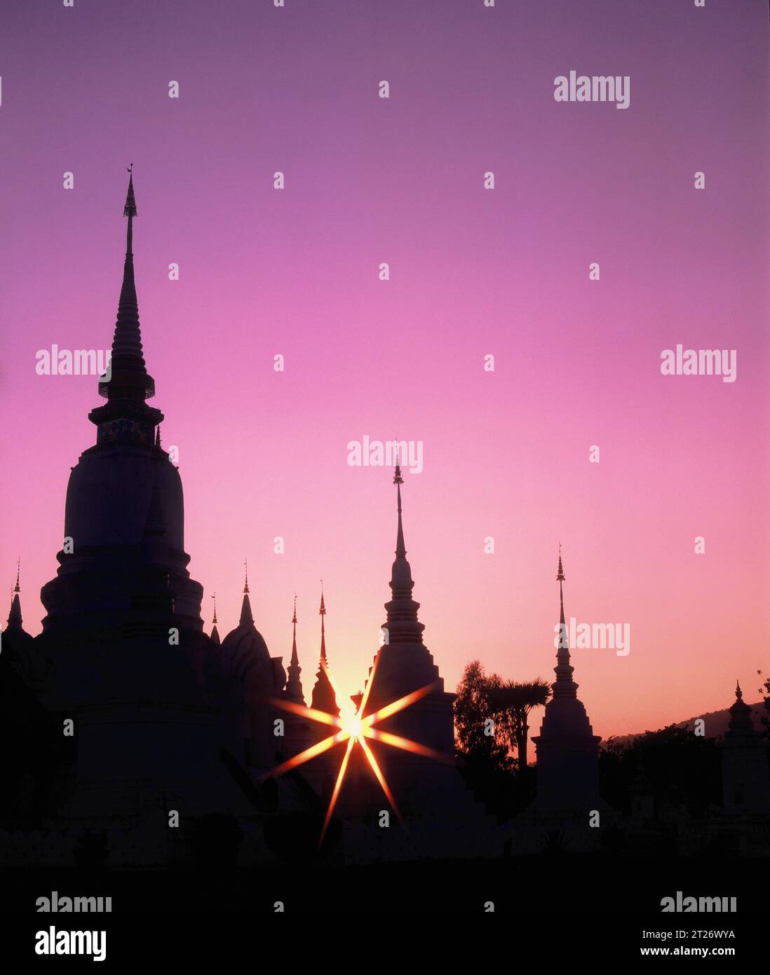 Thailand. Chiang Mai. Wat Suan Dok. Silhouette bei Sonnenuntergang. Stockfoto