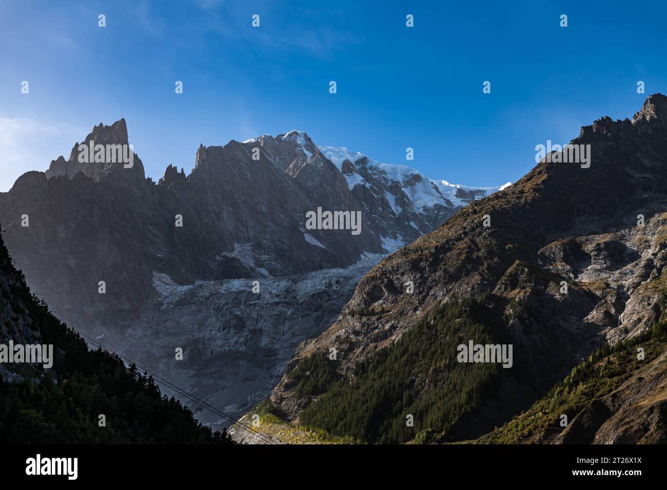 Panorama des Monte Bianco Massivs in den italienischen Alpen, Aostatal, Italien Stockfoto