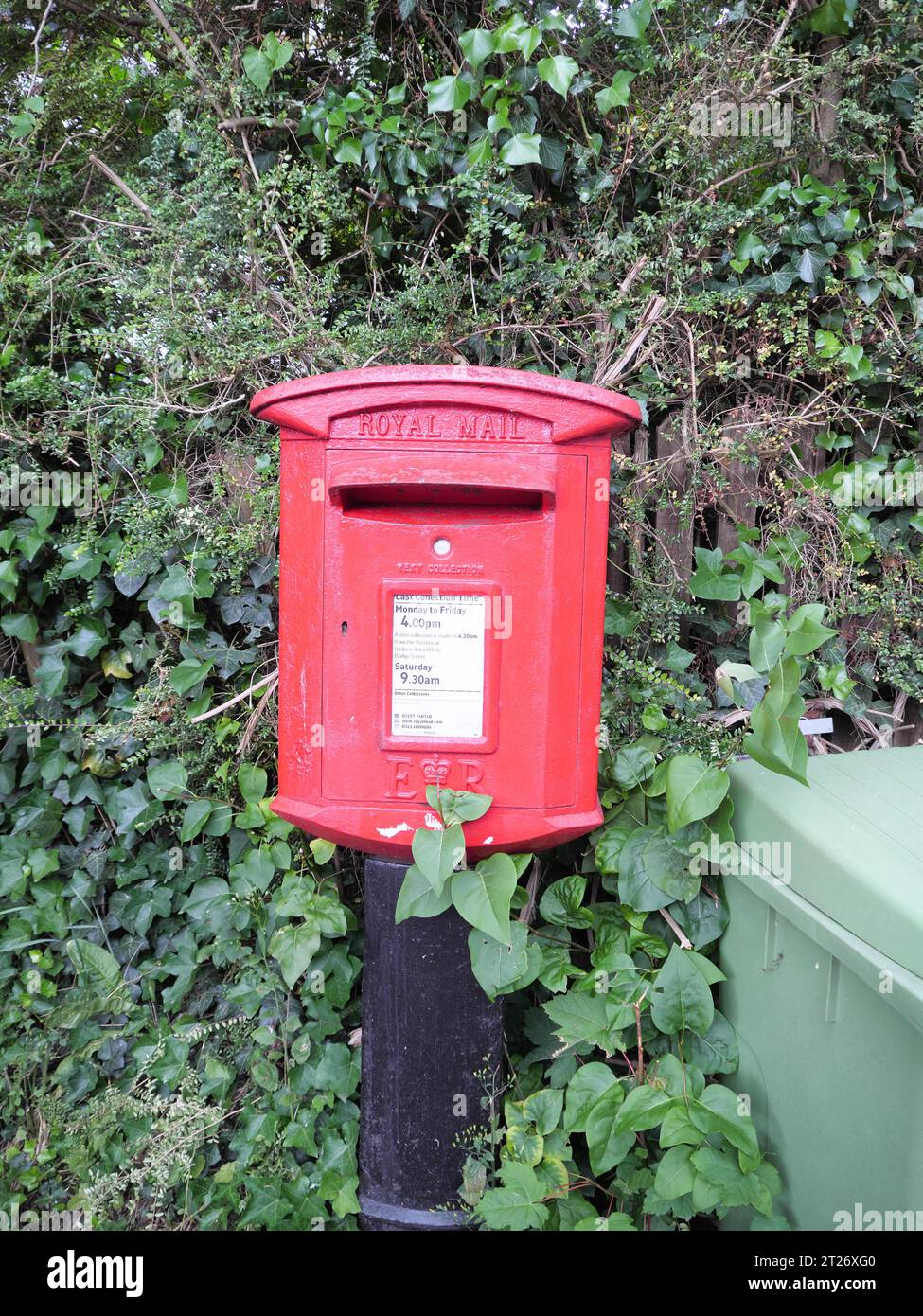 Alte rote englische Briefkasten vor der Hecke Stockfoto