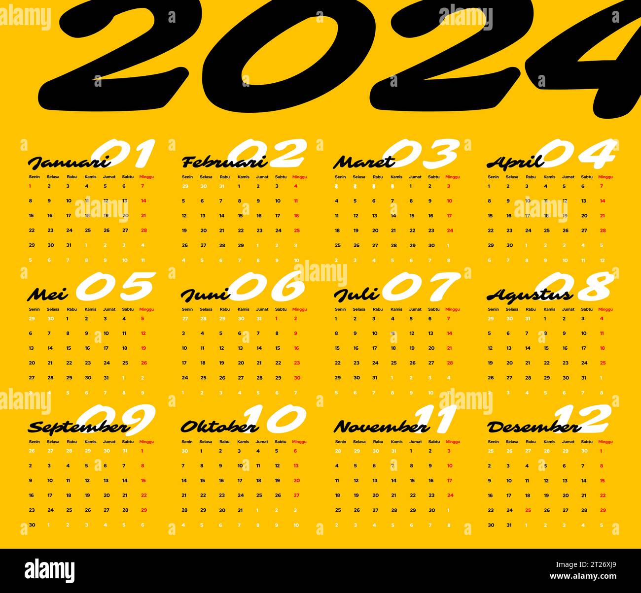Kalender 2024, für Unternehmen, modern und sauber, schlank, Vektorvorlagen, die Wochen beginnen am montag, ein frohes neues Jahr 2024 Stock Vektor