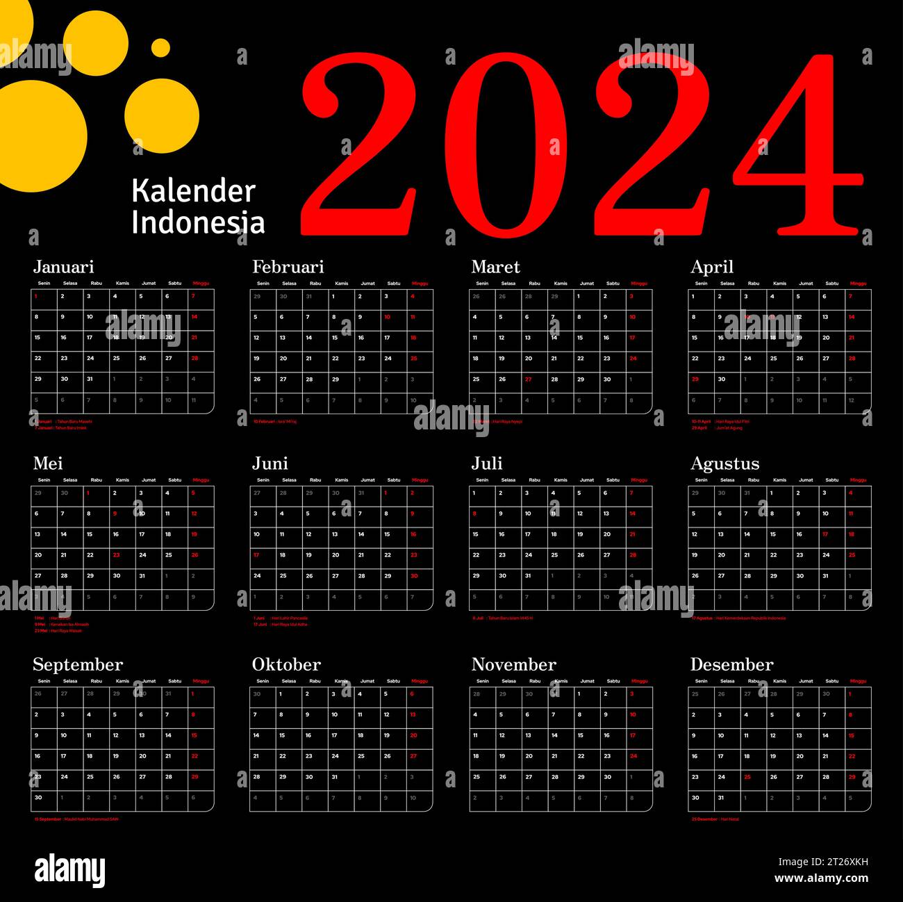 Vorlagenvektor für den indonesischen Kalender 2024, einfaches minimales Design, Planer 2024 Jahr, Kalender indonesien 2024 Jahr, Woche beginnt sonntag, Satz von 12 Monaten Stock Vektor