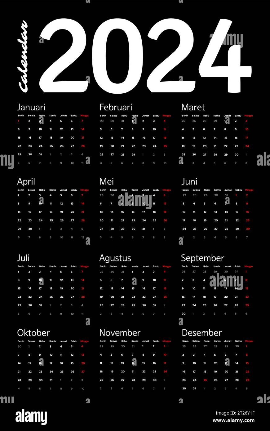 Kalender 2024, für Unternehmen, modern und sauber, schlank, Vektorvorlagen, die Wochen beginnen am montag, ein frohes neues Jahr 2024 Stock Vektor