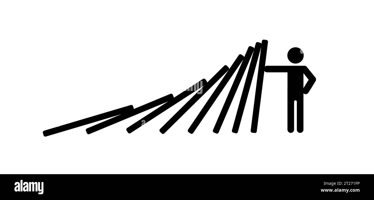 Zeichentrickmann stoppt den fallenden Domino-Effekt. Stack Break Krisenkonflikt, Crash-Sicherheit. Business Resilience Concept Klassische Dominosteine, Dominos Piktog Stockfoto