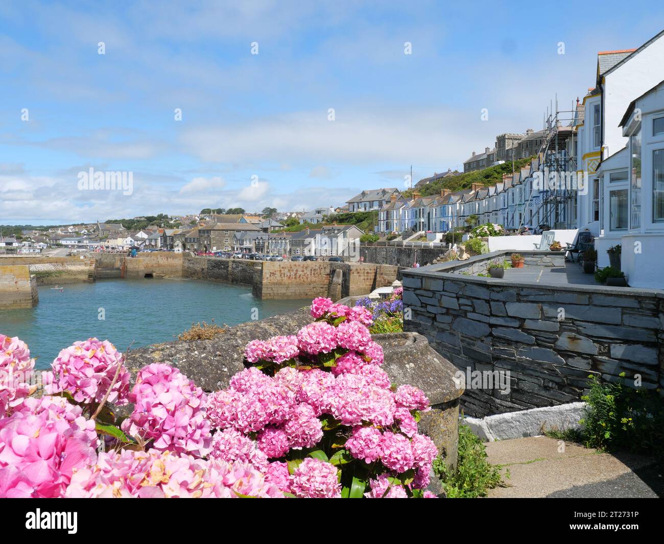 Erhöhter Blick auf den Hafen von Porthleven in Cornwall England mit rosa blühenden Hortensie und blau blühender Juwelenlilie im Vordergrund Stockfoto