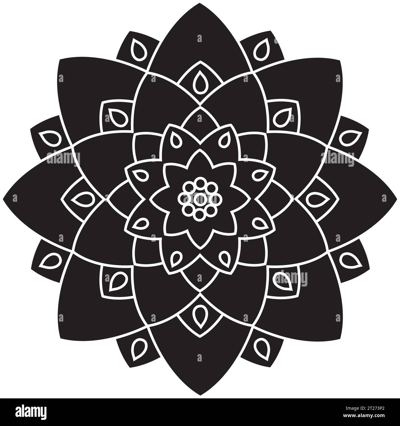 Single Mandala Schwarz und weiß - Blume Natur, Laub, Blätter, Energie Rad Kreis Komplex Symbol abstrakte Dekoration Färbung Seite Stock Vektor