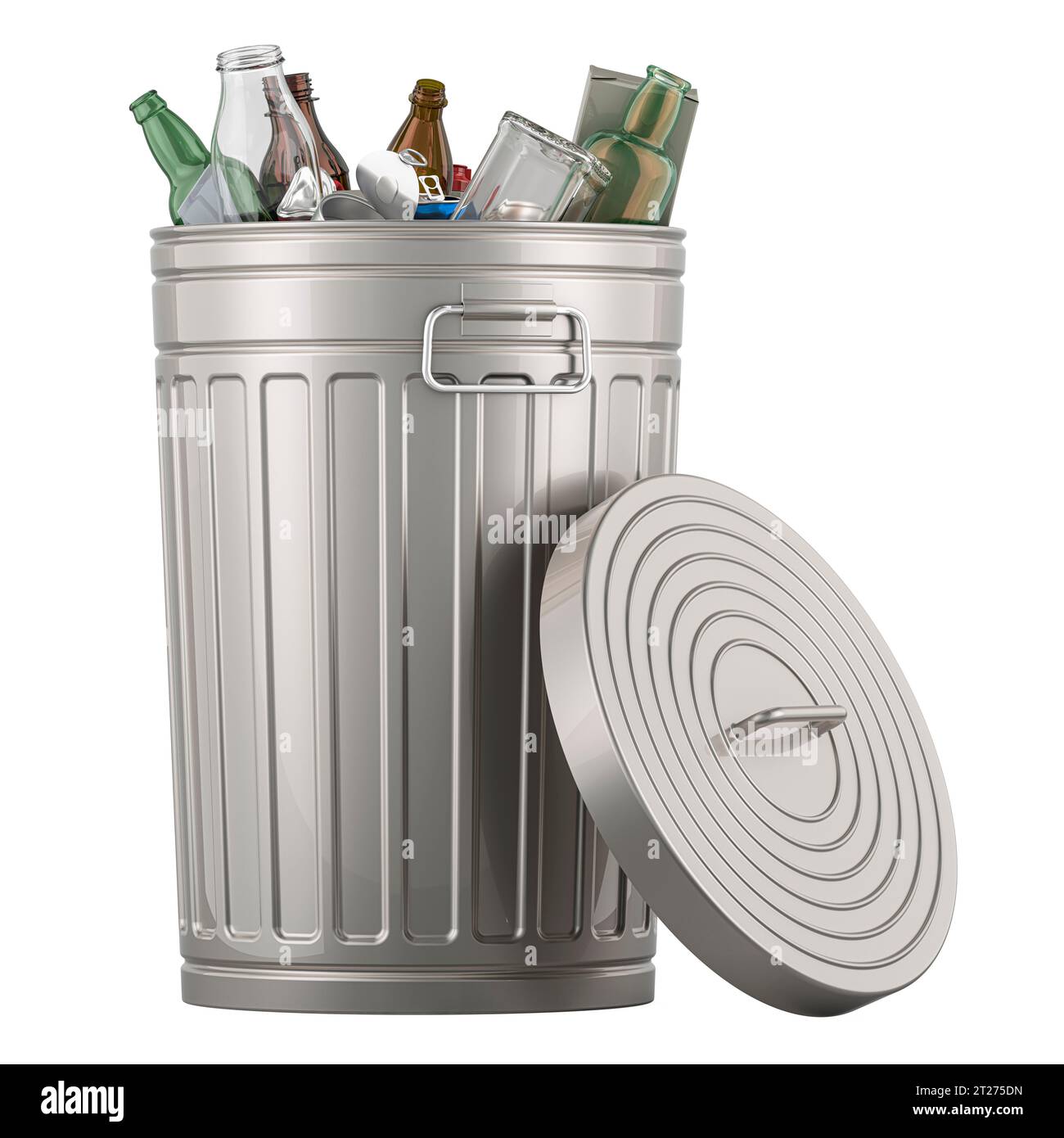Mülleimer aus Metall mit Mülleimer. 3D-Rendering isoliert auf weißem Hintergrund Stockfoto