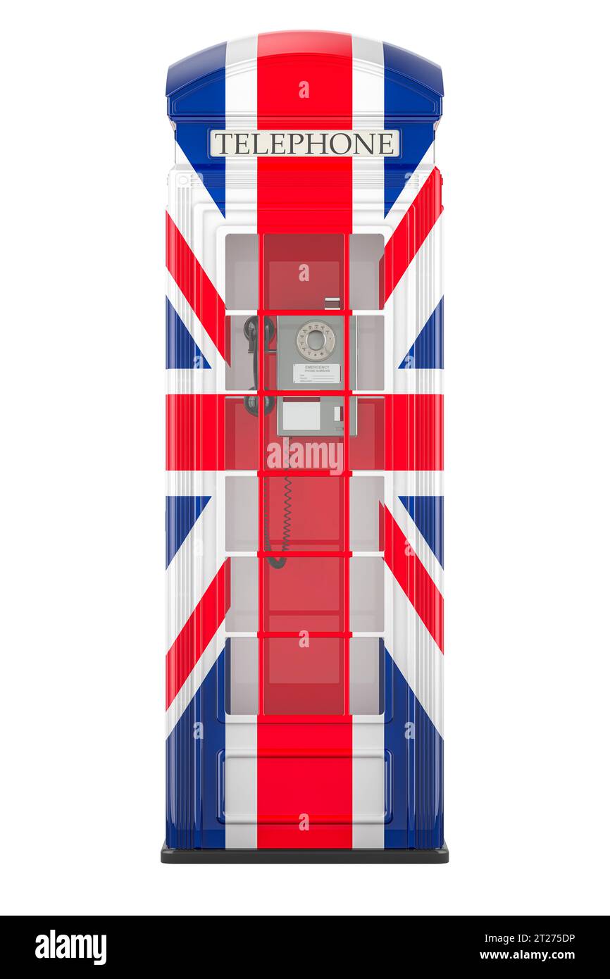 Telefonbox mit britischer Flagge, 3D-Rendering isoliert auf weißem Hintergrund Stockfoto