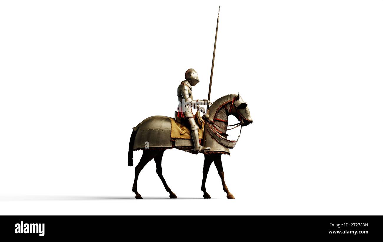Ein mittelalterlicher Ritter in Rüstung, reitet auf einem Pferd und trägt einen Speer. 3D-Rendering – isoliert auf weißem Hintergrund Stockfoto