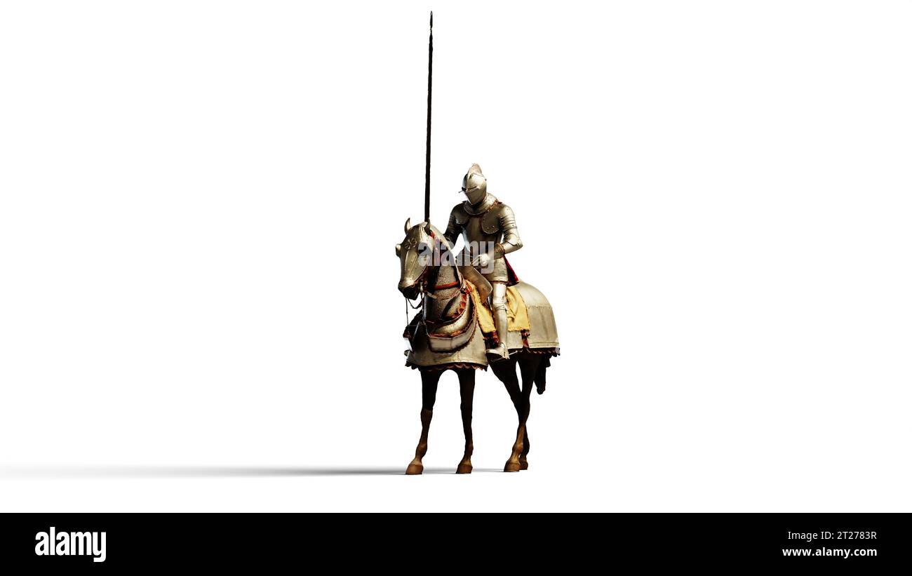 Ein mittelalterlicher Ritter in Rüstung, reitet auf einem Pferd und trägt einen Speer. 3D-Rendering – isoliert auf weißem Hintergrund Stockfoto