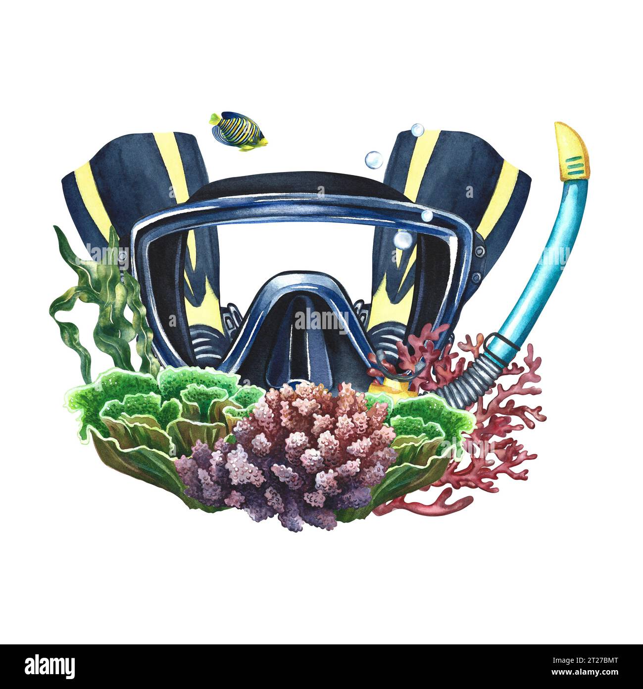 Taucherausrüstung. Tauchermaske mit Flossen, Schnorchel und Korallen. Handgezeichnet in Aquarell. Unterwasserfahrt. Für die Gestaltung von Etiketten, Postkarten und b Stockfoto